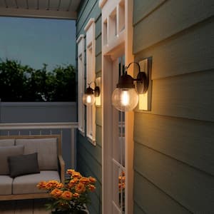 Greet 1-Light Matte Black Barn Light Outdoor Sconce with Clear Seeded Glass Shade
