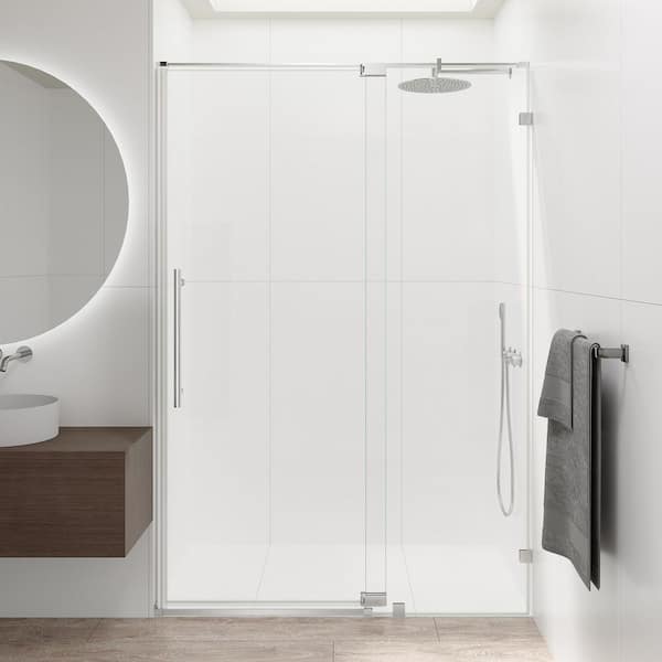 54 in. W x 74 in. H Semi-Frameless Pivot Shower Door in Chrome with 1/4 in. (6mm) Clear Tempered Glass