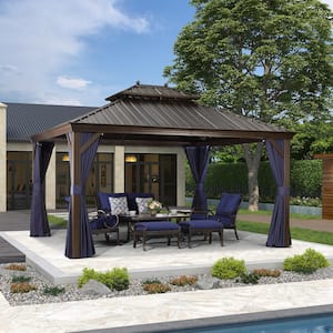 12 ft. x 14 ft. Patio Outdoor Gazebo for Backyard Hardtop Galvanized Steel Frame with Balls, Navy Blue