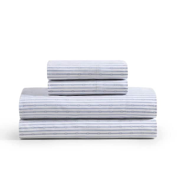 Monogram Stripe 3-Piece White/Pale Blue Cotton Twin XL Sheet Set