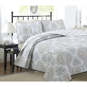 Modern Medallion Sky Blue Tan Gray 3-Piece Brocade Polyester King Quilt Bedding Set