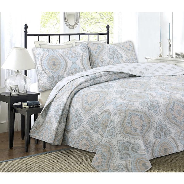 Cozy Line Home Fashions Modern Medallion Sky Blue Tan Gray 3-Piece Brocade Polyester King Quilt Bedding Set