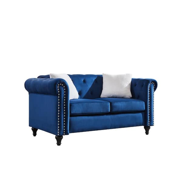 LUCKY ONE 60 in. Flared Arms Velvet Upholstered Straight Loveseat in Blue with Nailhead Trim and Cushion