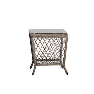 Brown Wicker Outdoor Side Table with Removable Tempered Glass Top and Rattan Shelf for Extra Storage