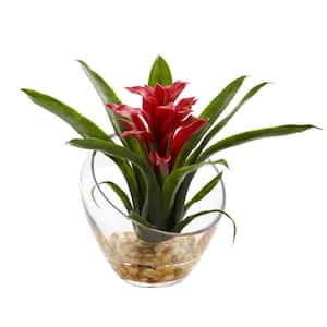 8 in. High Tropical Red Bromeliad in Angled Vase Artificial Arrangement