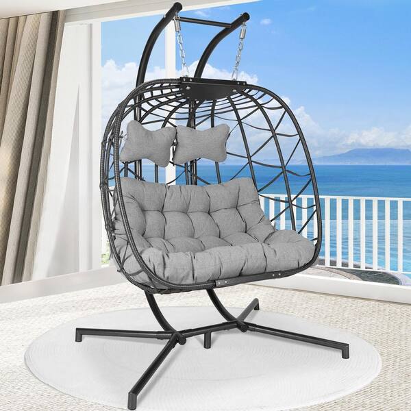 NICESOUL Morden Charcoal Gray Wicker Double Seat Swing Chair With Black ...