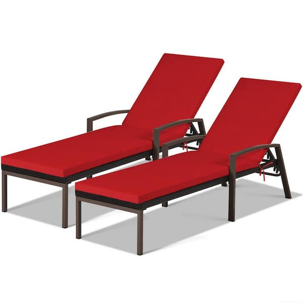 Unbranded Mix Brown Frame 2 Pieces Wicker Outdoor Reclining Chaise Lounge Chair with Red Cushions