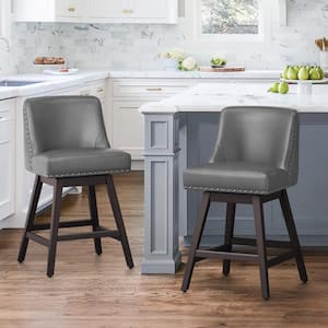 Hampton 26 in. Solid Wood Gray Swivel Bar Stools with Back Faux Leather Upholstered Counter Bar stool Set of 2