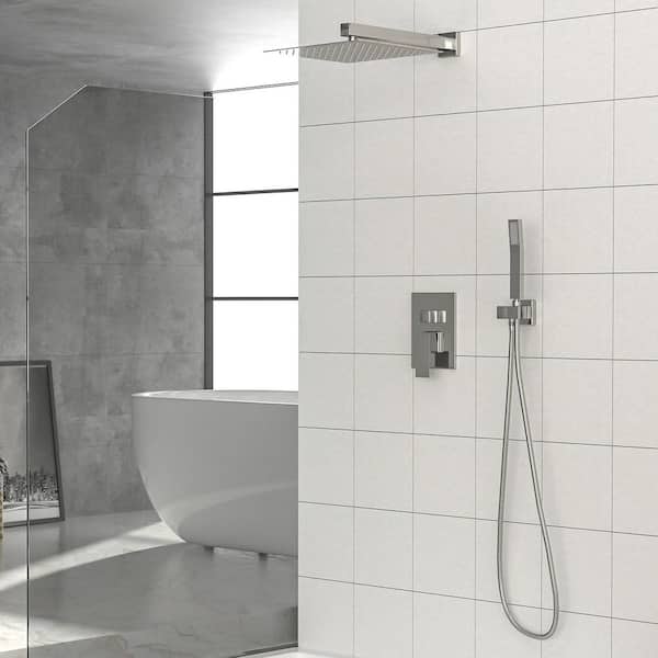 AIM Single Handle 3-Spray Shower Faucet 2 GPM Ceiling Mount Shower Head with Pressure Balance in Brushed Nickel