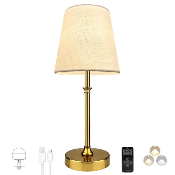 Cordless Fabric Shade Table Lamp 7 x 15 in Gold Metal Base with Remote Control