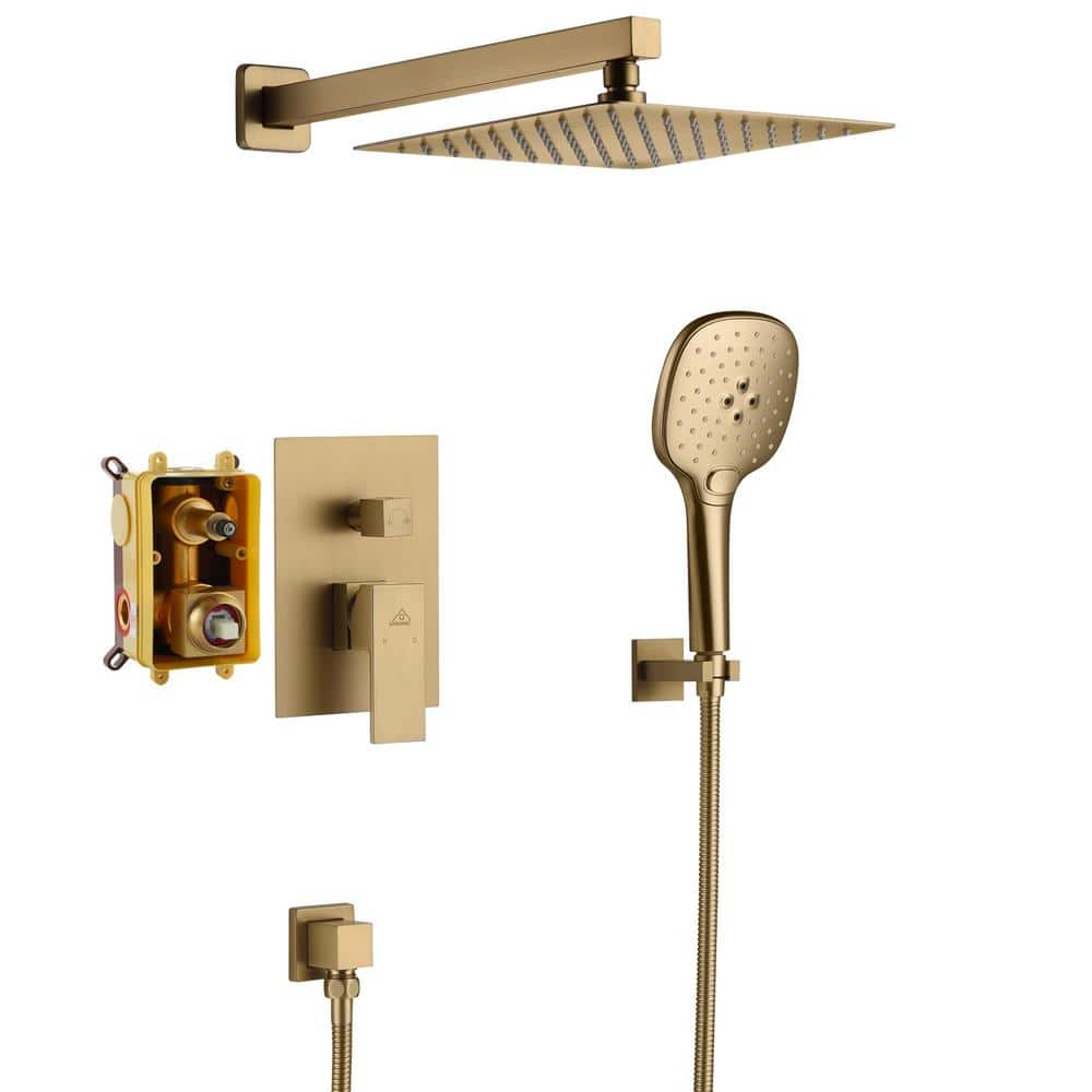 Boyel Living 3-Spray Patterns with 10 in. Wall Mount Dual Shower Heads Fixed and Handheld Shower Hand 1.8 GPM in Brushed Gold