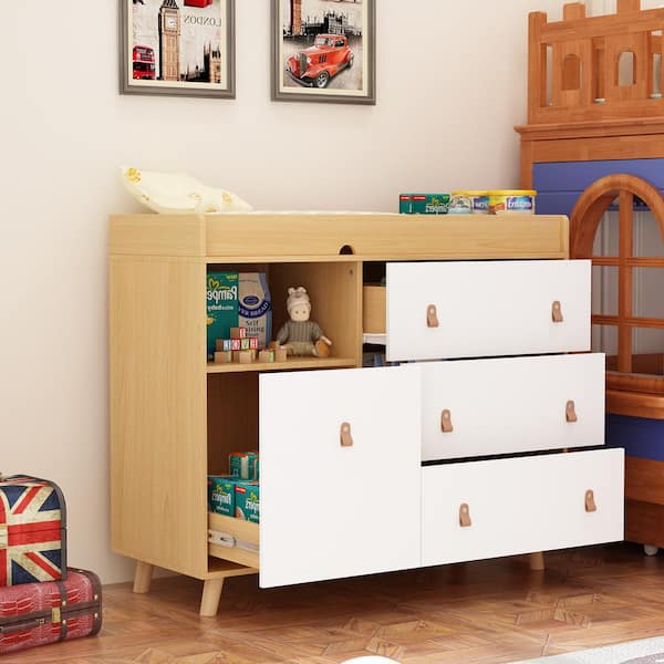 FUFU&GAGA 4-Drawer Brown Wood 44.9 in. W Kids Low Dresser Storage Organizer Cabinet With Changing Table Open Shelf