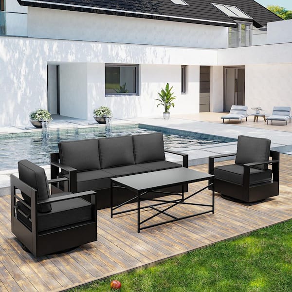 4-Piece Modern Metal Outdoor Patio Furniture Set Swivel Chairs with Dark Gray Cushions and Coffee Table