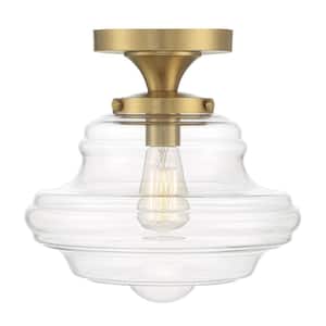 12 in. W x 11.75 in. H 1-Light Natural Brass Semi Flush Mount Ceiling Light with Clear Glass Shade