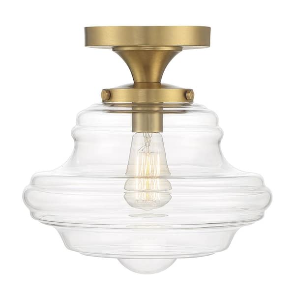 TUXEDO PARK LIGHTING 12 in. W x 11.75 in. H 1-Light Natural Brass Semi Flush Mount Ceiling Light with Clear Glass Shade