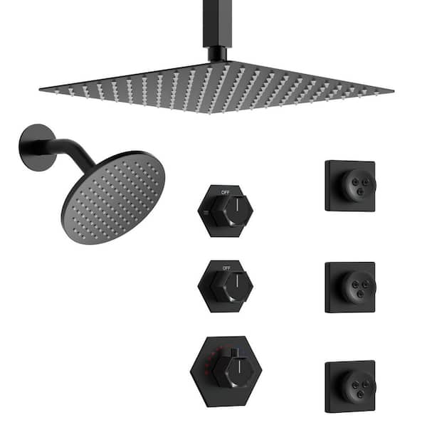 YAWWALK Thermostatic 5-Spray 12 and 6 in. Dual Shower Heads Ceiling Mount Fixed and Handheld Shower Head in Matte Black