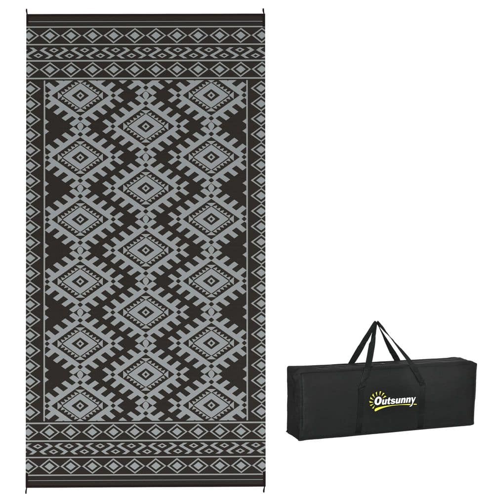 Black and Gray Rhombus Border 9 ft. x 18 ft. Waterproof Plastic Straw Floor