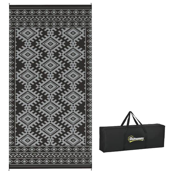 Outsunny Black and Gray Rhombus Border 9 ft. x 18 ft. Waterproof Plastic Straw Floor Mat Large Reversible Outdoor Rug Area Rug