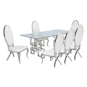 Dominga 7-Piece Glass Top with Stainless Steel Set with 6 White Faux Leather Chairs.