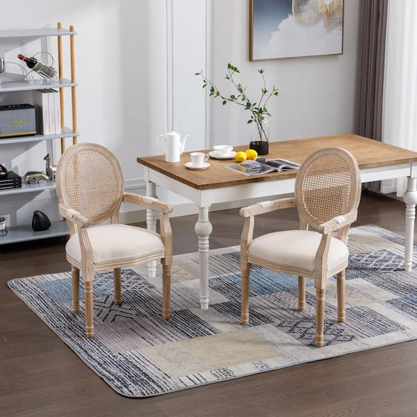 Beige French Vintage Upholstered Fabric Dining Armchair Set of 2