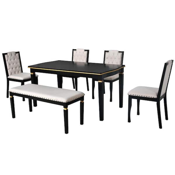 6-Piece Rectangular Black Wood Top Dining Table Set Seats 5 with 4 High-Back Tufted Chairs & 1 Bench