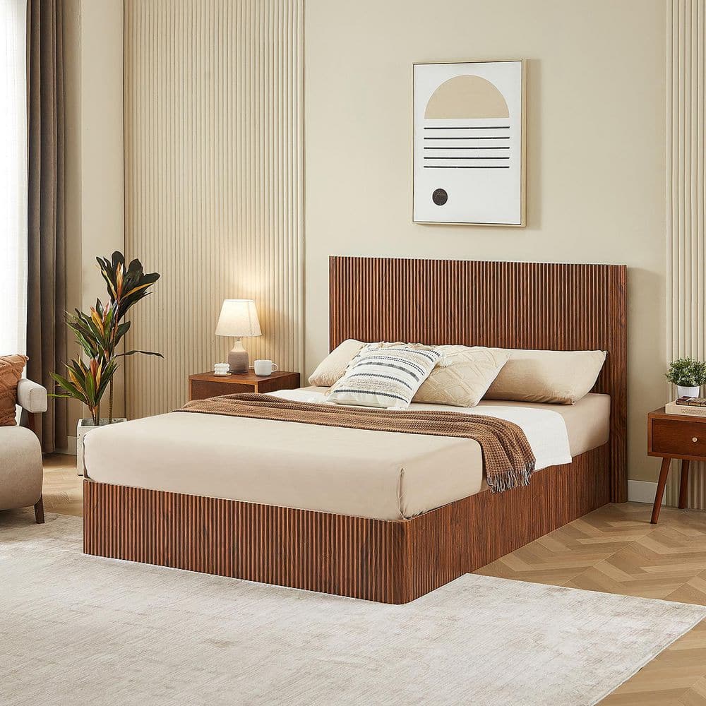Duncan Brown Wood Frame Queen Size Platform Bed with Hydraulic Lift Up Storage, Wooden Corrugated Curved Lines, Walnut price history on PriceWatchPro