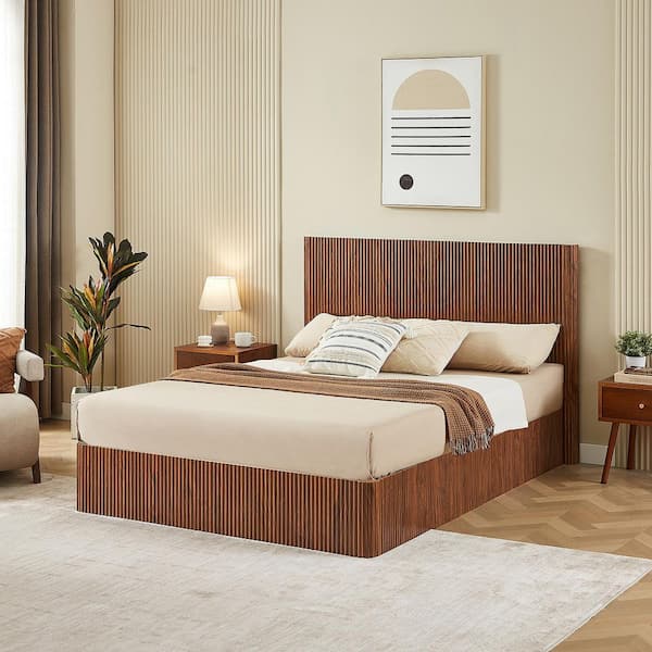 Duncan Brown Wood Frame Queen Size Platform Bed with Hydraulic Lift Up Storage, Wooden Corrugated Curved Lines, Walnut