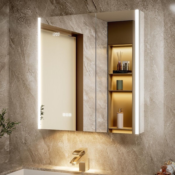 Aura 30 in.W x 32 in.H Rectangular Aluminum Surface/Recessed Wall Medicine Cabinet with Mirror,Light(With Side Mirror)