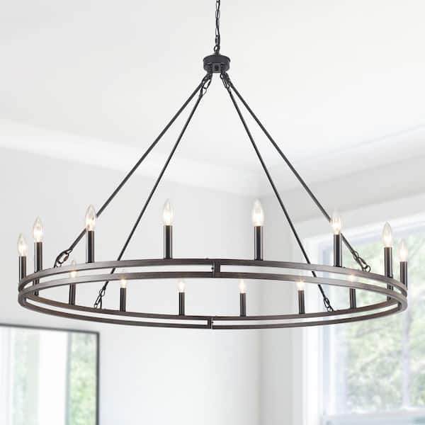 16-Light Large Black and Imitation Wood Grain Wagon Wheel Chandelier Farmhouse Pendant Light