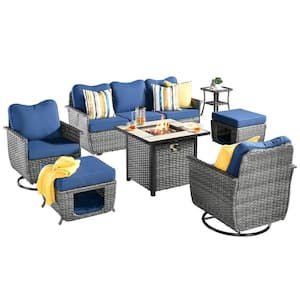Sierra Black 7-Piece Wicker Multi-Use Fire Pit Patio Conversation Sofa Set with Swivel Chairs and Navy Blue Cushions