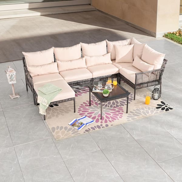 TOP HOME SPACE 7-Piece Wicker Patio Conversation Set with Beige Cushions