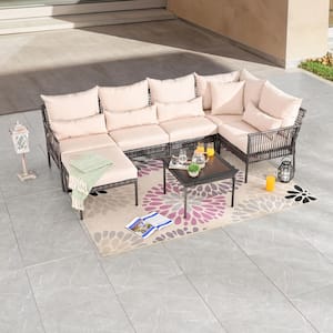 7-Piece Wicker Patio Conversation Set with Beige Cushions