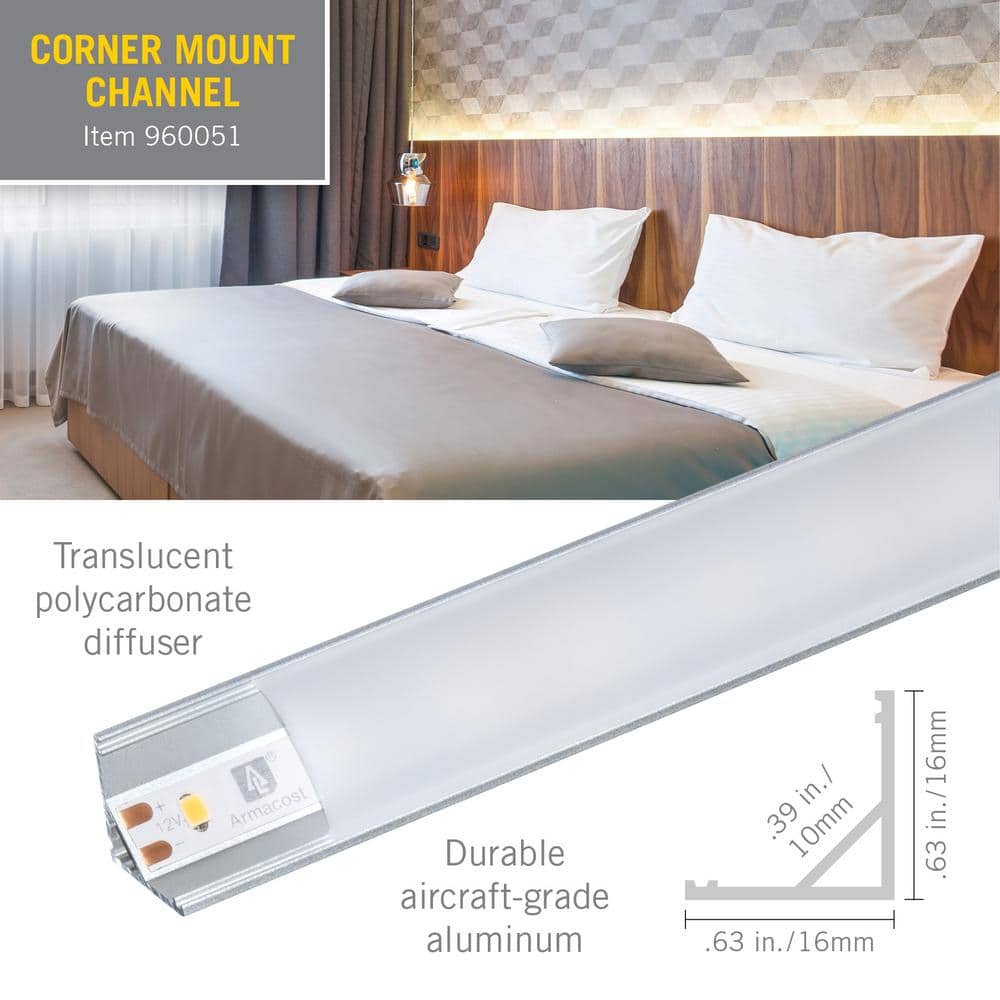 Silver Corner Mount LED Tape Light Channel with Diffuser, 5-Pack