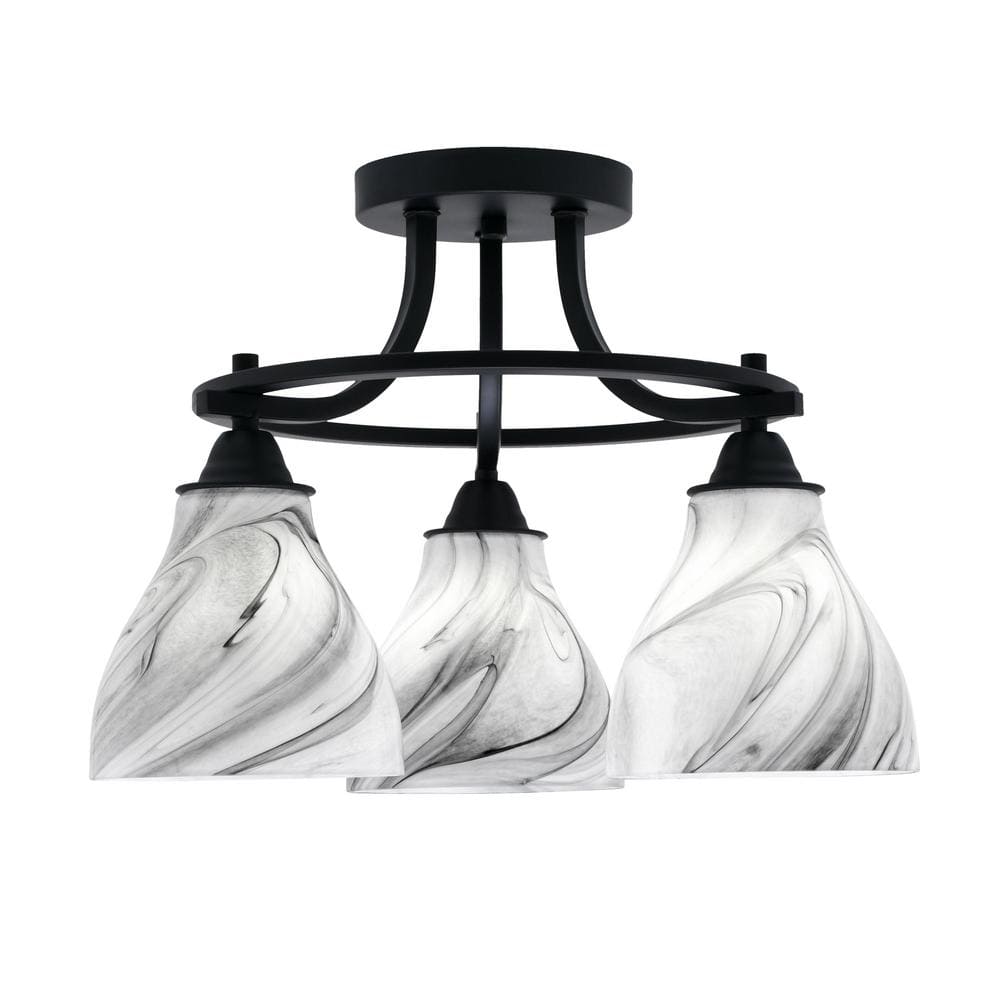 Madison 15.25 in. 3-Light Matte Black Semi-Flush Mount with Onyx Swirl Glas