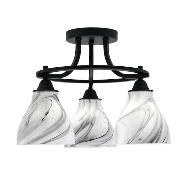 Unbranded Madison 15.25 in. 3-Light Matte Black Semi-Flush Mount with Onyx Swirl Glass Shade