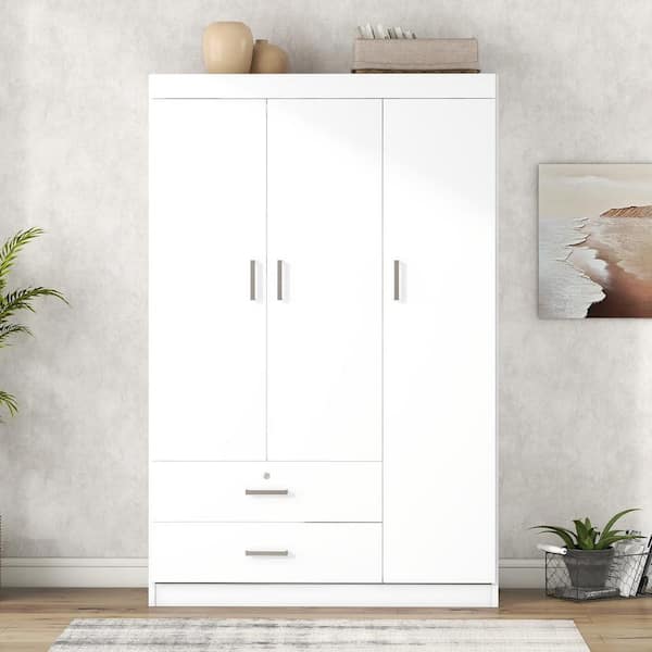 ホワイト 3ドアキャビネット Nestfair 3-Door White Wood 41.3 in. W Wardrobe with 2 Drawers