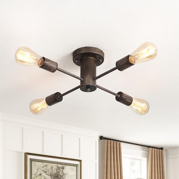 17.5 in. 4-Light Wood Grain Sputnik Semi- Flush Mount For Foyer Bedroom with No Bulbs Included
