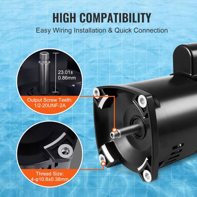 2 HP Replacement Pool Pump Motor 56Y Frame 230-Volt 3450 RPM 60Hz 1.3 SF 50μF/250V Capacitor, CCW Rotation Square Flange