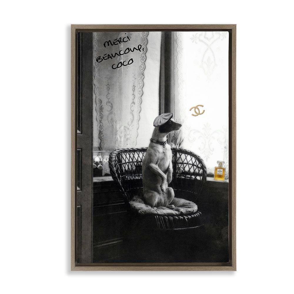 Chic Dog with French Words by Graffi tee Studios Brown Floater Frame Animal Graphic Art Print 25 in. x 17 in. price history on PriceWatchPro