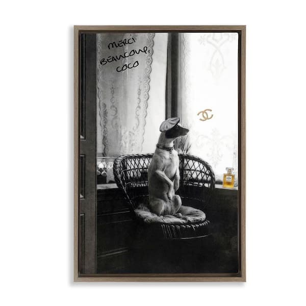 Stupell Industries Chic Dog with French Words by Graffi tee Studios Brown Floater Frame Animal Graphic Art Print 25 in. x 17 in.