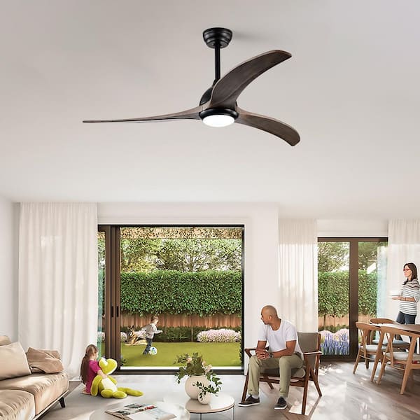 LINJO 52 in. Integrated LED Indoor/Outdoor Matte Black Low Profile Ceiling Fan with Solid Wood Blades and Remote Control