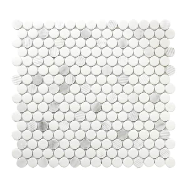 Roca RockArt Carrara Penny Round Polished 12 in. x 12 in. Natural Stone and Glass Mosaic Tile (10.7983 sq. ft./Case)