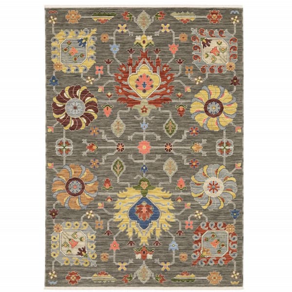 Grey Charcoal Yellow Blue Rust Red Pink Green and Ivory 2' x 3' Oriental Power Loom Stain Resistant Fringe Area Rug