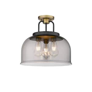 Kahana 15 in. 3-Light Black Brushed Brass Industrial Semi-Flush Mount with Smoked Glass Shade