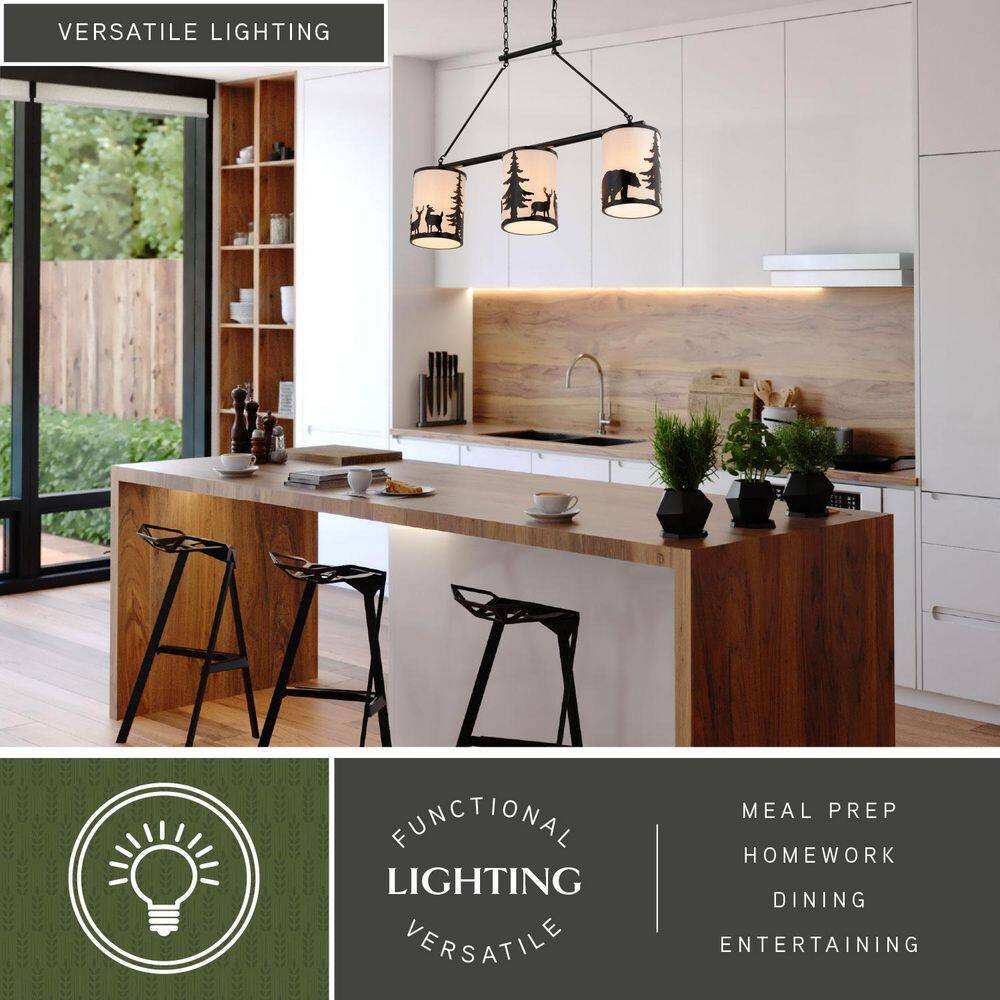 Acadia Bronze 3-Light Rustic Linear Chandelier with Linen Shades