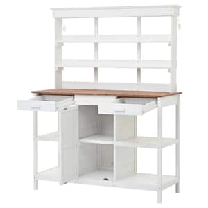 66 in. H Large Outdoor White Wooden Farmhouse Potting Bench Table with 2-Drawers, Cabinet and Open Shelves for Backyard