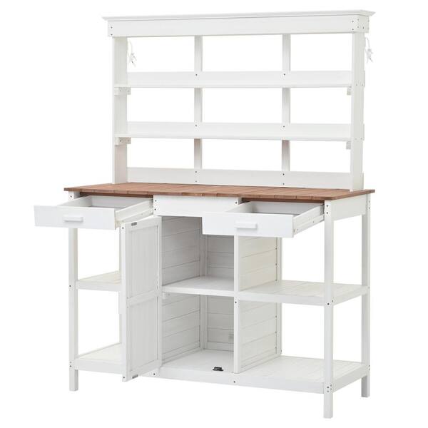 Cesicia 66 in. H Large Outdoor White Wooden Farmhouse Potting Bench Table with 2-Drawers, Cabinet and Open Shelves for Backyard