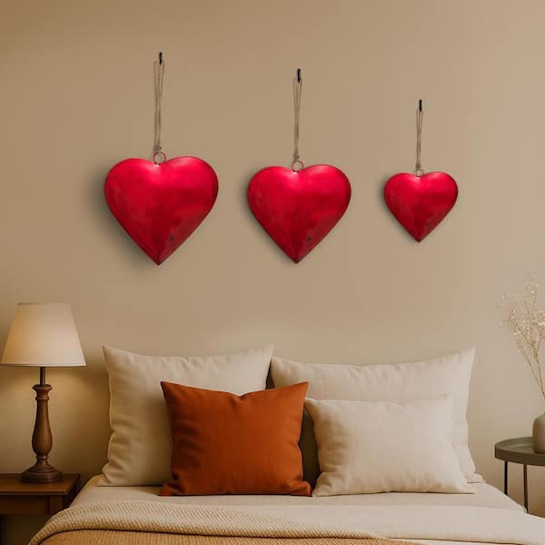 Myri 12 in. x 6 in. Classic Red Decorative Metal Heart Wall Decor Set with Jute Hanging Rope (Set of 3)