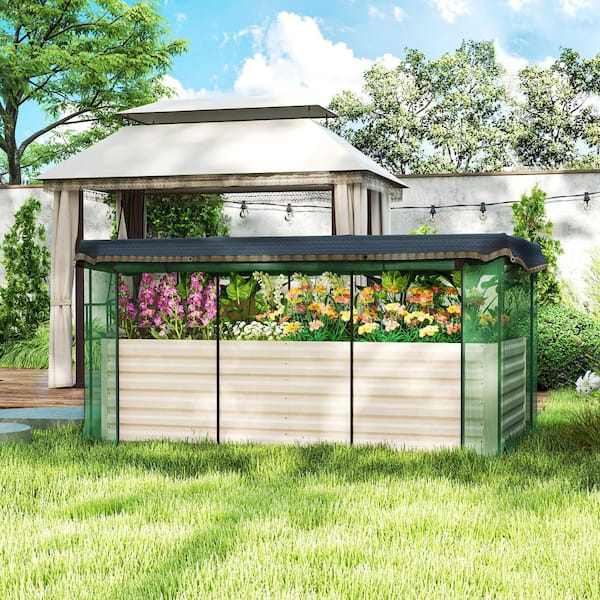 Outsunny Beige Galvanized Steel Raised Garden Bed with Crop