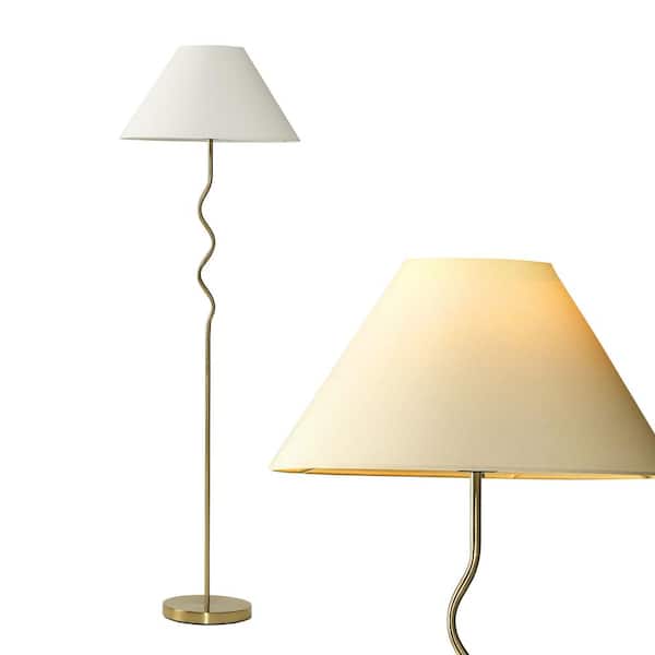 Brightech Squiggle Floor 62.13 in. Antiqued Brass Contemporary Ambient Standing Column Floor Lamp with Ivory Fabric Empire Shade